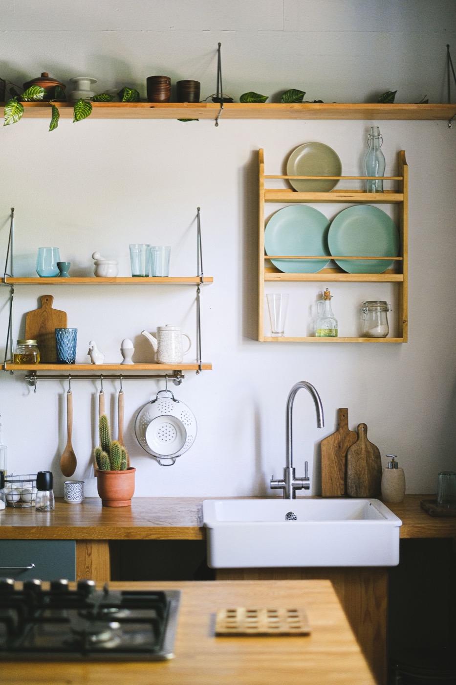 Styled kitchen corner with open wood shelving, dishware, and plants above a farmhouse sink